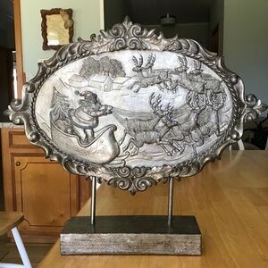 SILVER SANTA IN SLEIGH WITH REINDEER DECOR DECORATION
